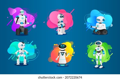 Set of futuristic robots, white cyborg in different equipment, science machine in various form human body, alien form with electronic computer control. Robocar on digital brigth color background