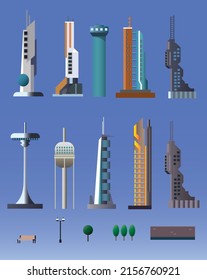 set of futuristic sci fi city buildings, flat vector architecture illustration, space colony elements.