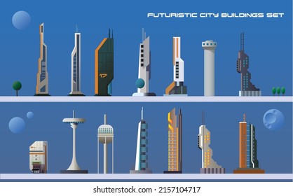 set of futuristic sci fi city buildings, flat vector architecture illustration, space colony elements.