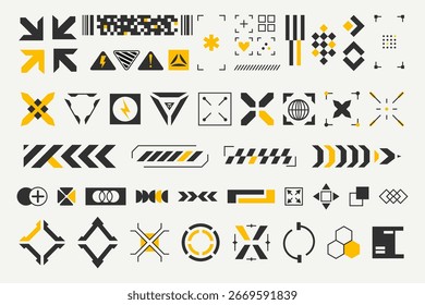 Conjunto de Elementos futuristas de ciencia ficción UI en negro y amarillo. Interfaces temáticas Cyberpunk, superposiciones HUD