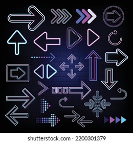 Set of Futuristic Sci-Fi Arrow Shaped Neon Tube Vibrant Purple And Blue Glowing Lights. Vector illustration.