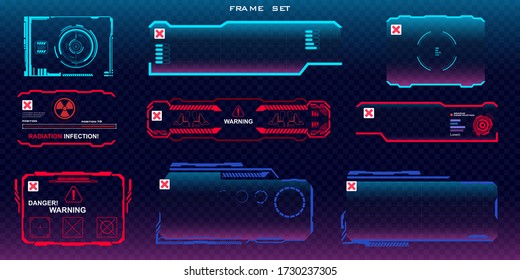 set of futuristic screens for video games with elements of HUD, GUI, UI. Set of isolated frames on a dark transparent background. Names and cues with pop-up text
