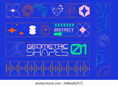 Set of futuristic shapes in flat cartoon design. Futuristic objects, shapes and lines drawn using acid colors on a blue background are featured in this collection. Vector illustration.