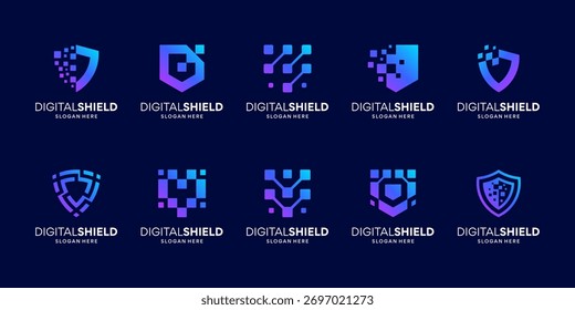 Conjunto de modelos de design de logotipo de segurança de dados de escudo futurista. Símbolo abstrato conexão digital de rede utilizável para tecnologia empresarial.