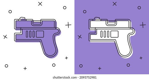 Set Futuristic space gun blaster icon isolated on white and purple background. Laser Handgun. Alien Weapon.  Vector