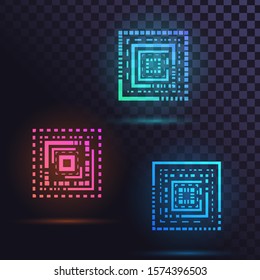 Set of futuristic square logos, geometric shapes with a technological pattern