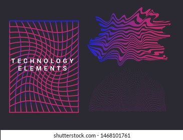 Set of futuristic synthwave style elements in gradient neon ultraviolet fluorescent colors on dark background. Neo-futurism cyberpunk aesthetics, collection of generative art shapes.