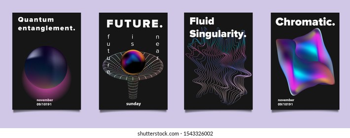 Set of futuristic synthwave vector posters for scientific conference or academic meeting. Conceptual illustration of quantum subatomic particles, time and space distortion by black hole and wormhole.