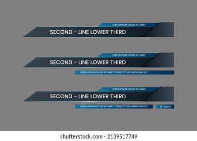 Set of futuristic tech lower third vector design background texture banner template with black and blue shape strip color. Modern flat broadcast news lower for TV Bars, Sport, Streaming