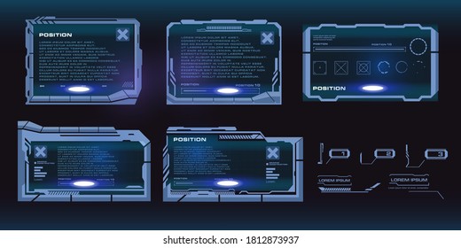 Conjunto de marcos tecnológicos futuristas para la interfaz de usuario HUD, juegos o sitio web. Títulos, llamadas, cuadros de información, marcos, texto o cuadros de descripción. Paneles modernos para videojuegos. HUD, GUI, elementos UI