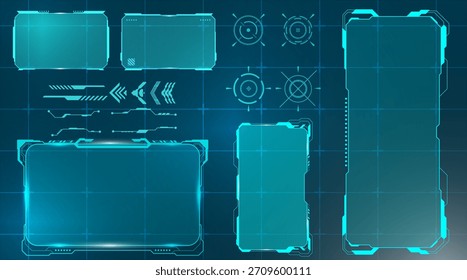 Un conjunto de cajas de tecnología futurista, Anuncios de título de rótulo modernos y Elementos de marco digital diseñados en azul estilo HUD para interfaces o diseños de temática tecnológica.