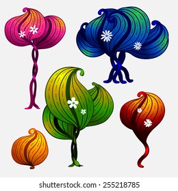 Set of futuristic trees for game design. Abstract flowers on the trees and bushes
