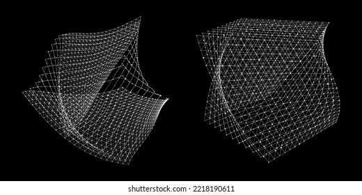Set of futuristic twisted wireframe cubes. Technology blockchain concept. Collection of digital geometric shapes. Vector Illustration.