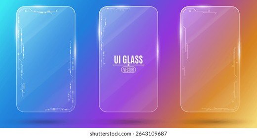 Set of futuristic UI glass cards featuring transparent panels with circuit board and electronic elements on a multicolored background. Hi-tech mobile interfaces and UX dashboards design. Vector. - Powered by Shutterstock - Get 15% off with code: PIKWIZARD15