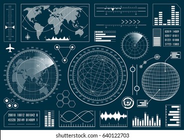 Set of futuristic user interface HUD. Infographic design elements and radar screens. Vector illustration.