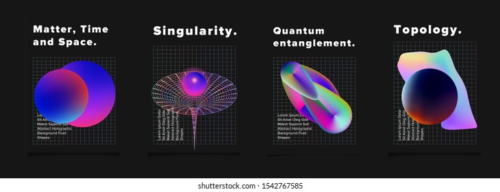 Set of futuristic vaporwave vector posters for scientific conference or academic meeting. Conceptual illustration of quantum subatomic particles, time and space distortion by black hole and wormhole.