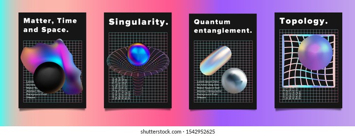 Set of futuristic vaporwave vector posters for scientific conference or academic meeting. Conceptual illustration of quantum subatomic particles, time and space distortion by black hole and wormhole.