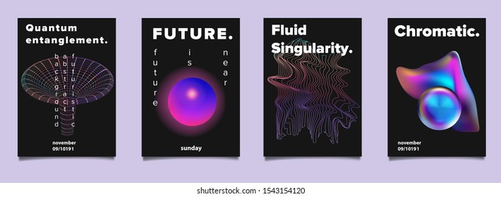 Set of futuristic vaporwave vector posters for scientific conference or academic meeting. Conceptual illustration of quantum subatomic particles, time and space distortion by black hole and wormhole.