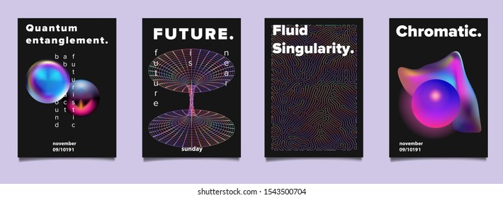 Set of futuristic vaporwave vector posters for scientific conference or academic meeting. Conceptual illustration of quantum subatomic particles, time and space distortion by black hole and wormhole.