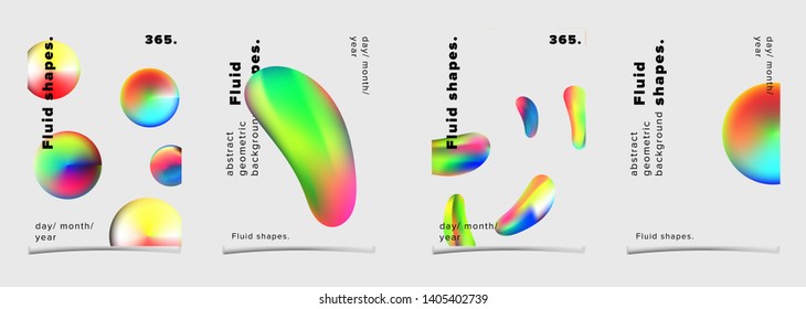 Set of futuristic vector posters for science event. Vibrant fluid neon holographic 3d solids of matter, Geometric oily rainbow chromatic shapes on black grid wireframe.