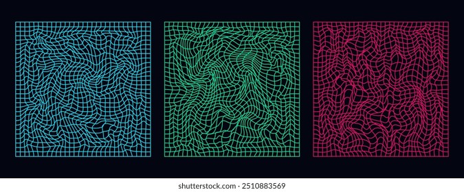 Conjunto de malla 3D ondulada futurista. Rejilla dinámica geométrica. Wireframe de tecnología 3D. Ilustración vectorial.	