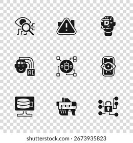 Conjunto de arma futurista, visión por computadora, seguridad cibernética, tecnología Blockchain, Bitcoin, gafas inteligentes, escaneo ocular, triángulo de signo de exclamación e icono de robot humanoide. Vector