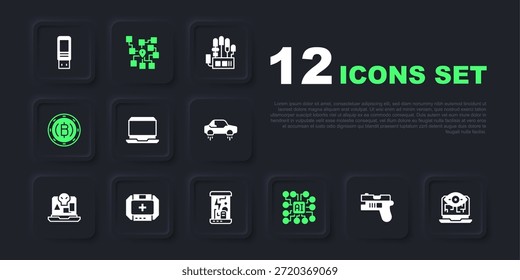 Conjunto de arma futurista, visión por computadora, computadora portátil, red neuronal, criptomoneda, Bitcoin, kit de primeros auxilios e icono de cápsulas criogénicas. Vector