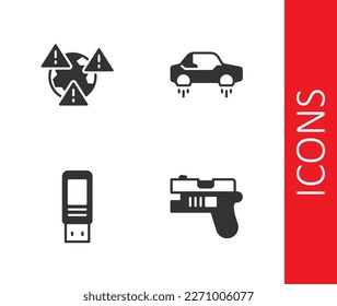 Fijar arma futurista, Tierra con signo de exclamación, USB flash drive e icono de coche volador fantástico. Vector