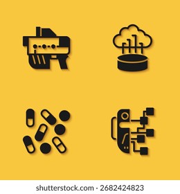 Set Futuristic weapon, Humanoid robot, Medical pill biohacking and Network cloud connection icon with long shadow. Vector