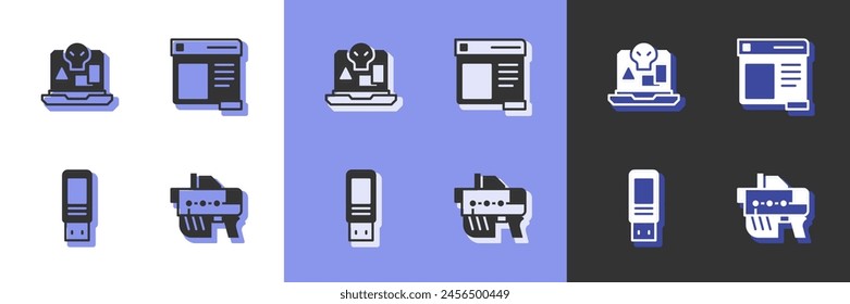 Setzen Sie Futuristische Waffe, Internet-Piraterie, USB-Flash-Laufwerk und Browser-Fenster-Symbol. Vektorgrafik