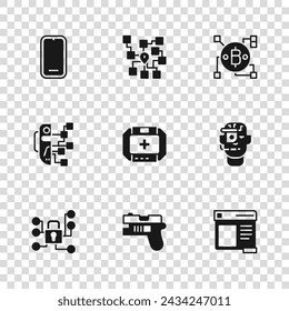 Set Futuristic weapon, Smart glasses spectacles, Browser window, First aid kit, Blockchain technology Bitcoin, Mobile phone, Neural network and Humanoid robot icon. Vector