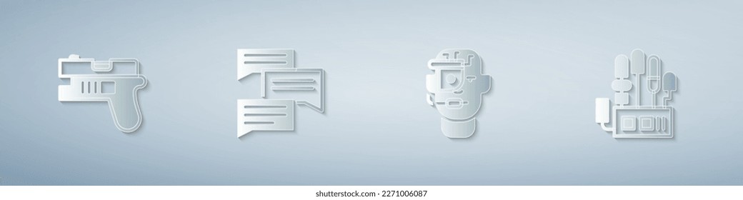 Set Futuristic weapon, Speech bubble chat, Smart glasses spectacles and Mechanical robot hand. Paper art style. Vector