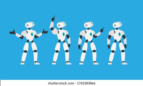 Set of futuristic white robots. Vector illustration of a robot. Isolated on a blue background. The concept of the future, artificial intelligence and technology.