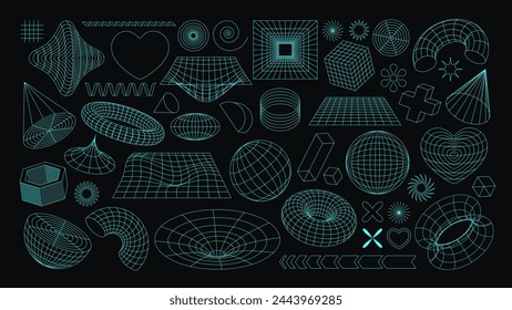 Set of futuristic wireframe shapes. Abstract neon grids in psychedelic rave style. Trendy cyberpunk geometric elements. Y2k retro objects. 3D linear vector collection isolated on black background