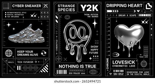 Conjunto de cartazes futuristas Y2K em estilo cromado 3D com estética cyberpunk, motivos metálicos de coração, elementos de interface techno e design de nostalgia digital