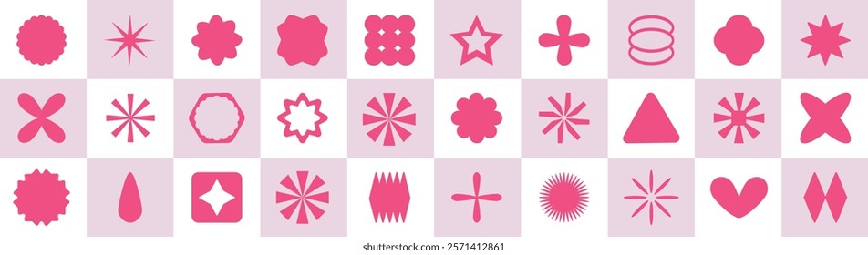 Set of futuristic y2k retro geometric vector shapes over checkerboard background. Postmodern brutalism groovy design elements collection