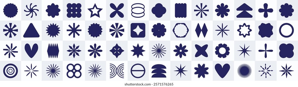 Set of futuristic y2k retro geometric vector shapes over checkerboard background. Postmodern brutalism groovy design elements collection