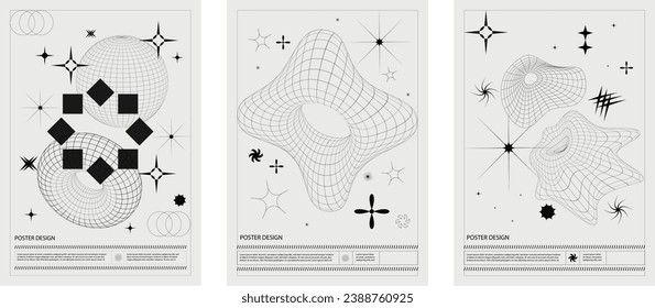 Set of futuristic y2k retro minimalistic posters with 3d wireframes. graphic of geometrical shapes. brutalism.