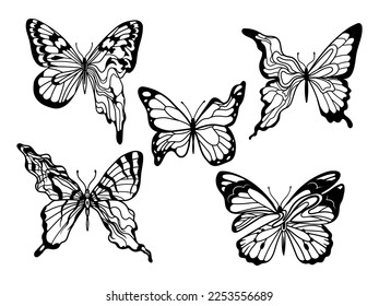 Set of fuzzy butterflies. Collection of blurred butterflies. Trendy t-shirt design. Line art. Tattoo. Vector illustrations of beautiful silhouettes of insects. 