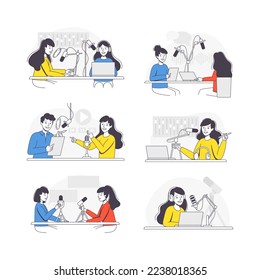 Set of g people listening and recording audio podcast or online show in studio. Radio host interviewing guests vector illustration