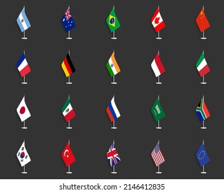 Conjunto de indicadores de tabla G20 sobre fondo gris oscuro. Colección de la bandera del escritorio del G20 sobre un fondo apenas oscuro.