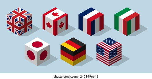 Conjunto de indicadores de miembros del G7. Cubo isométrico. Vector aislado.	