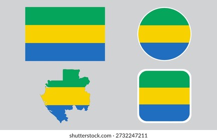 Conjunto de iconos de la bandera de Gabón. Conjunto de indicadores en Formas cuadradas, rectangulares, redondas y de mapa. Colección de banderas.