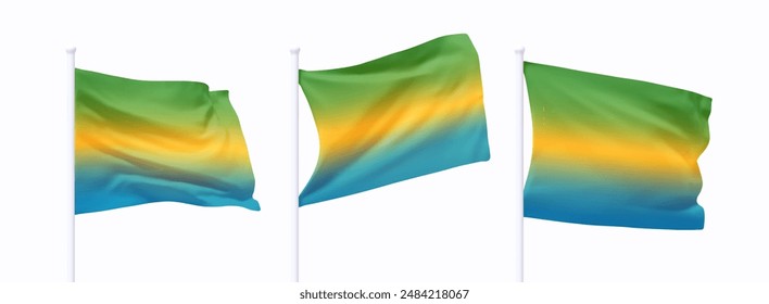 Set of Gabon waving flag on flagpole. Realistic 3d design flag flies on the wind on isolated white background. vector illustration