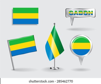 Set of Gabonese pin, icon and map pointer flags. Vector illustration.