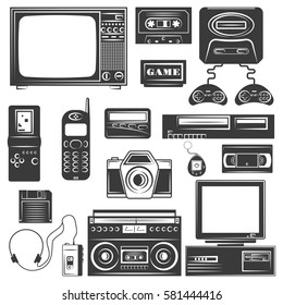 Set of gadget of 90s monochrome icons, design elements isolated on white background. Design elements for logo, label, emblem.