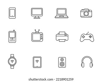 Set of gadget and device icons in linear style isolated on white background