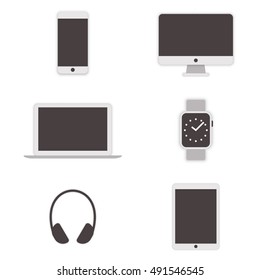 Set of gadget icons. Monitor, laptop, watches, tablet, smartphone, headphone flat design. 