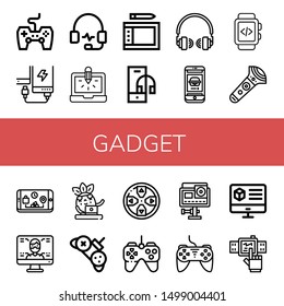 Set of gadget icons such as Game controller, Power bank, Headphones, Laptop, Drawing tablet, Headphone, Phone, Smartwatch, Controller, Computer, Gamepad, Action camera , gadget