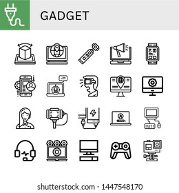 Set of gadget icons such as Plug, Augmented reality, Laptop, Action camera, Digital watch, Mobile app, Virtual reality, Computer, Entrepeneur, Selfie stick, Power bank , gadget